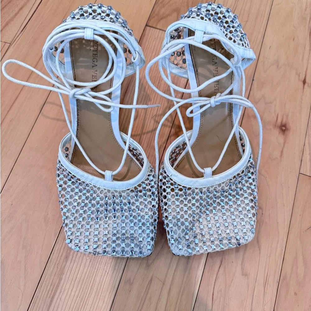 Bottega Veneta White Crystal Mesh Lace-Up Heels